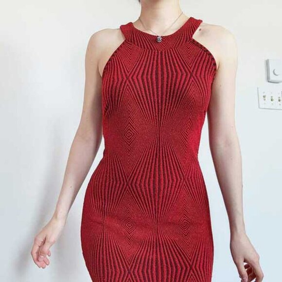 Vintage 90s chic red metallic halter midi bodycon dress - Picture 3 of 8